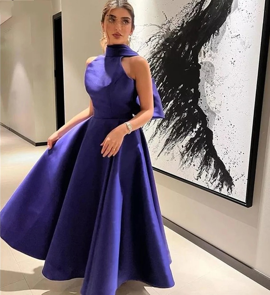 Blue Short Prom Formal Dress Satin Halter Bow Elegant Tea Length A-line Evening Party Gowns For Women Saudi Arabia Robe De Soiree Vestido Gala