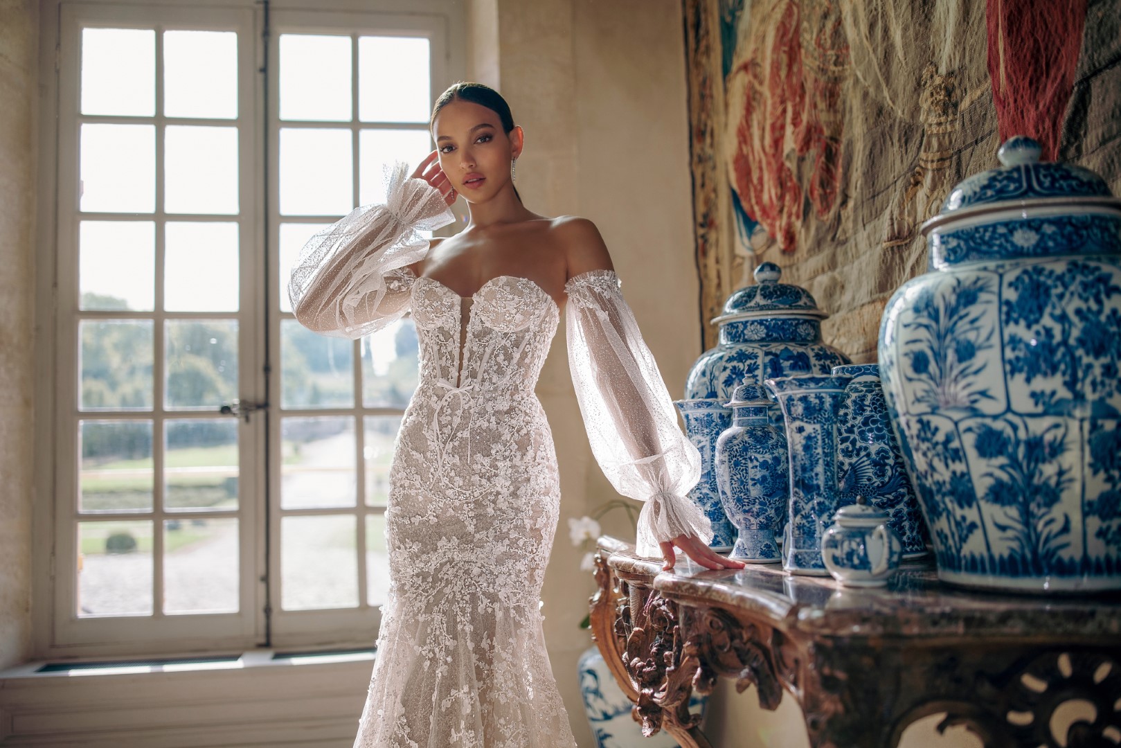 2024 Beading Embroidery Lace Off Shoulder Full Puff Sleeves Mermaid Wedding Dress With Full Flowers Prints Trumpet Bridal Gowns