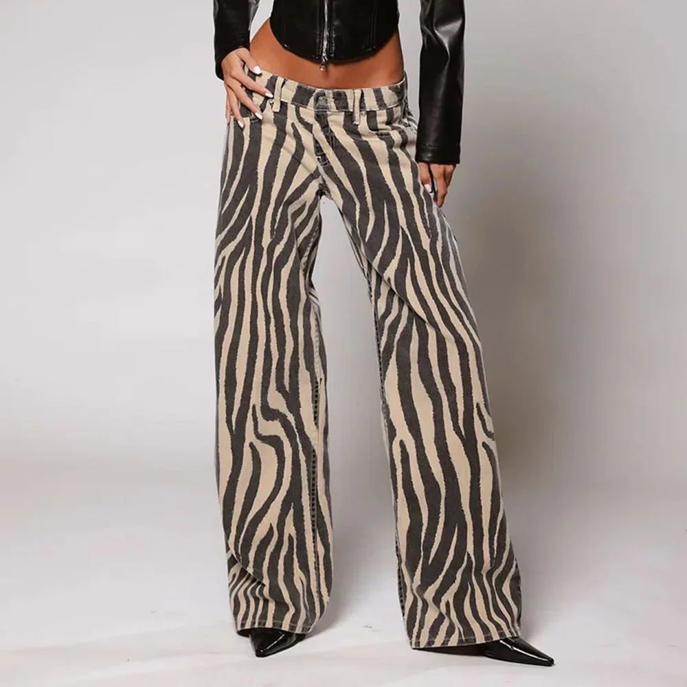 Fashionable low rise straight leg jeans for womens casual denim pants cross-border zebra print autumn street style 241118