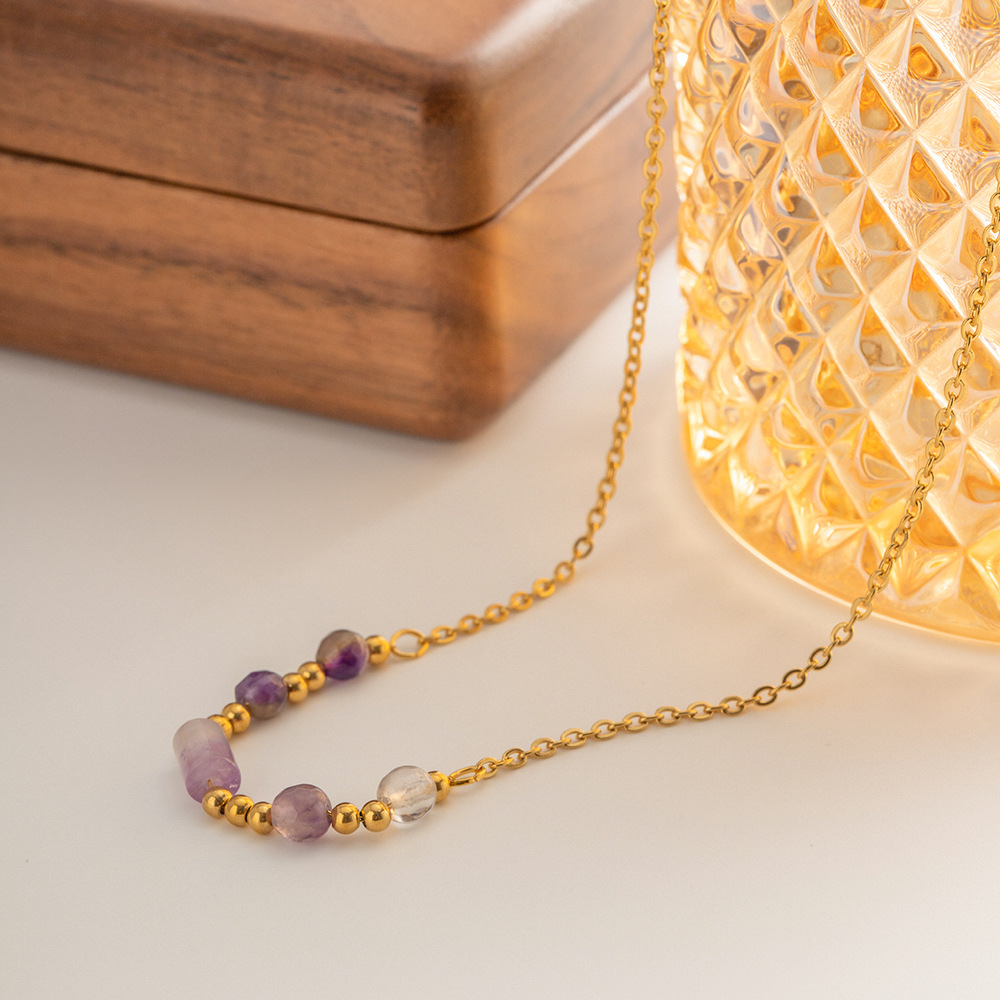 Designer Gold Minimalist Style Chain Necklace for Women Stainless Steel Plated 18k Gold Purple Stone Trend Daily Travel Party Jewelry