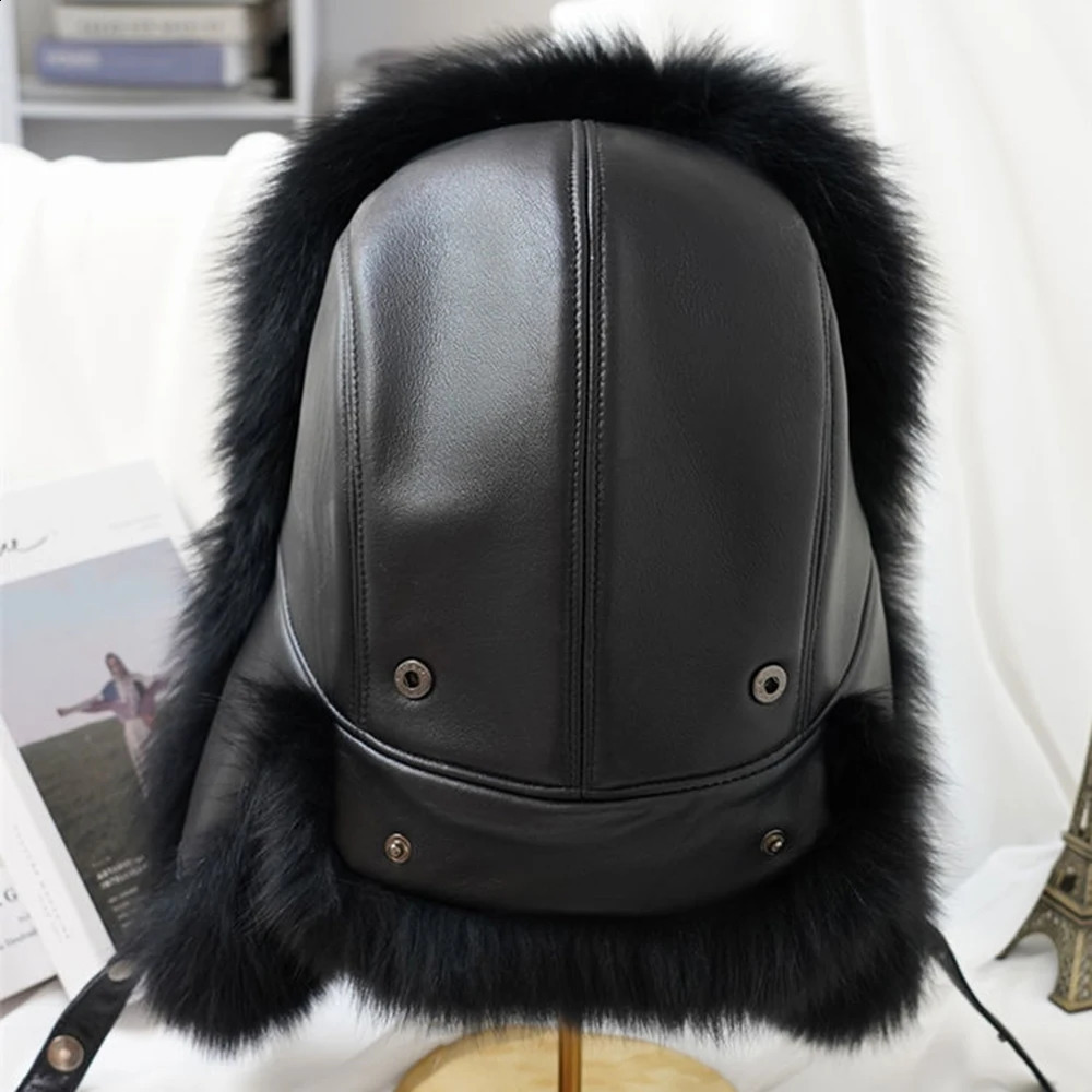 Winter Womens 100% Real Silver Fox Fur Bomber Hat Raccoon Ushanka Cap Trapper Russian Women Ski Hats Caps Leather 241119