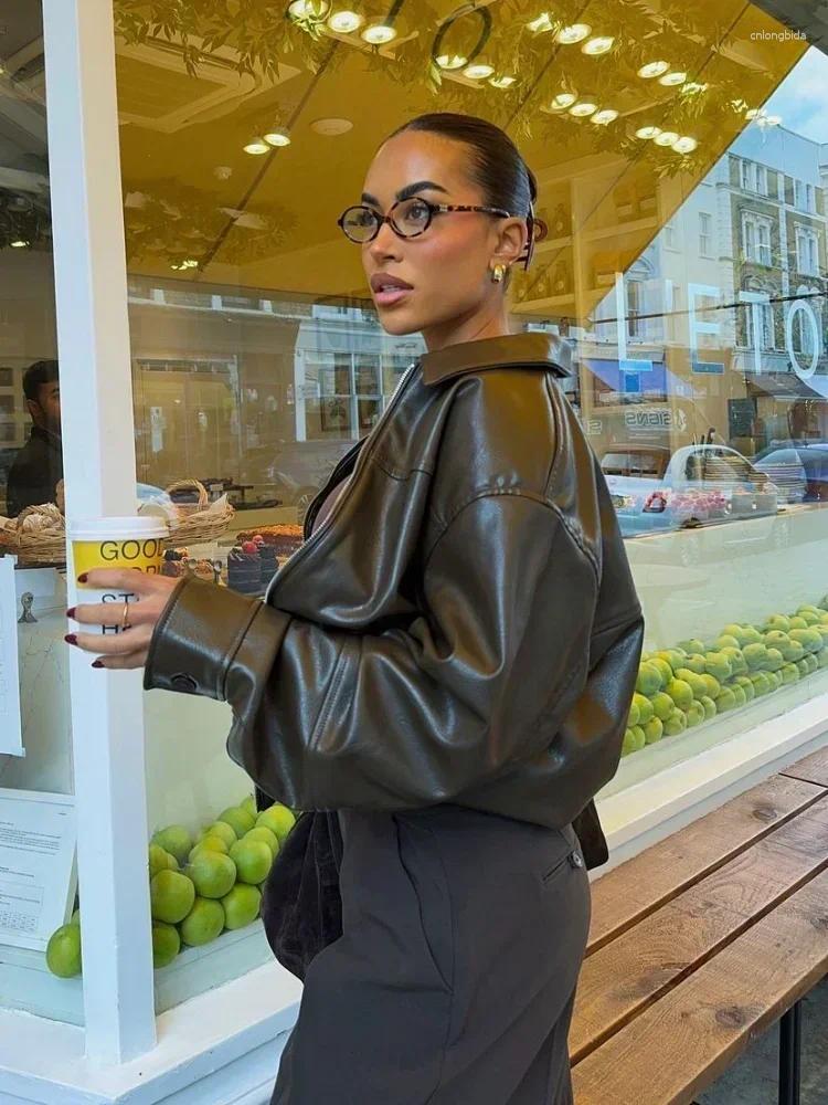 Women's Jackets Women Brown Long Sleeve Lapel Leather Jacket Fashion Zipper Pockets Loose Coats Autumn Winter Lady High Street Outerwear
