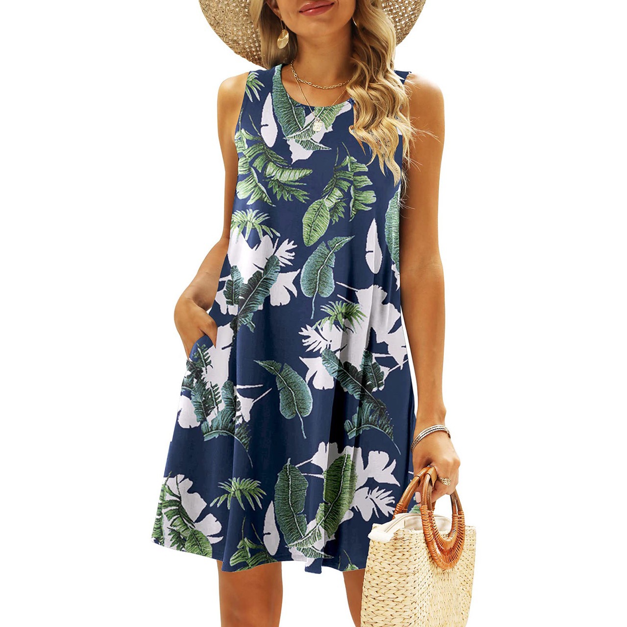 casual dresses women designer dresses S-2Xl Colorful Printed O Neck Long Dress Bohemian Sleeveless Ladies Summer Beach Sundress Travel Pocket Shirt Pa