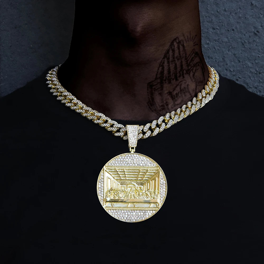 Hip Hop Last Supper Pendant Necklace Iced out Jesus Religious Pendant Cuban Chain Rapper Jewelry for Men and Women Gifts 240323