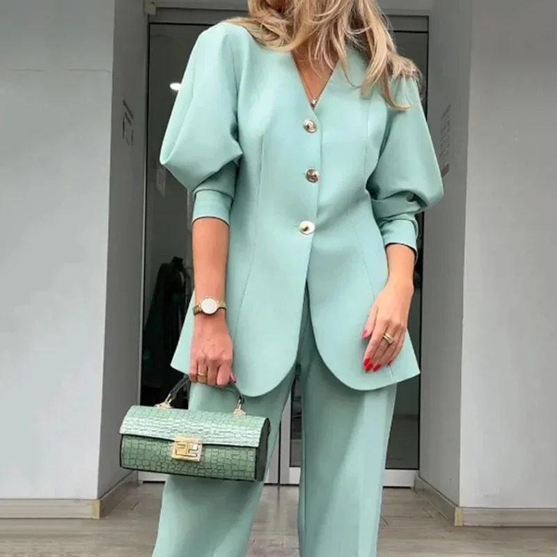 Womens Lantern Sleeves Loose Suit Coat and Pants Set Temperament Commuting Elegant Blazer Sets Spring Fashion 241118
