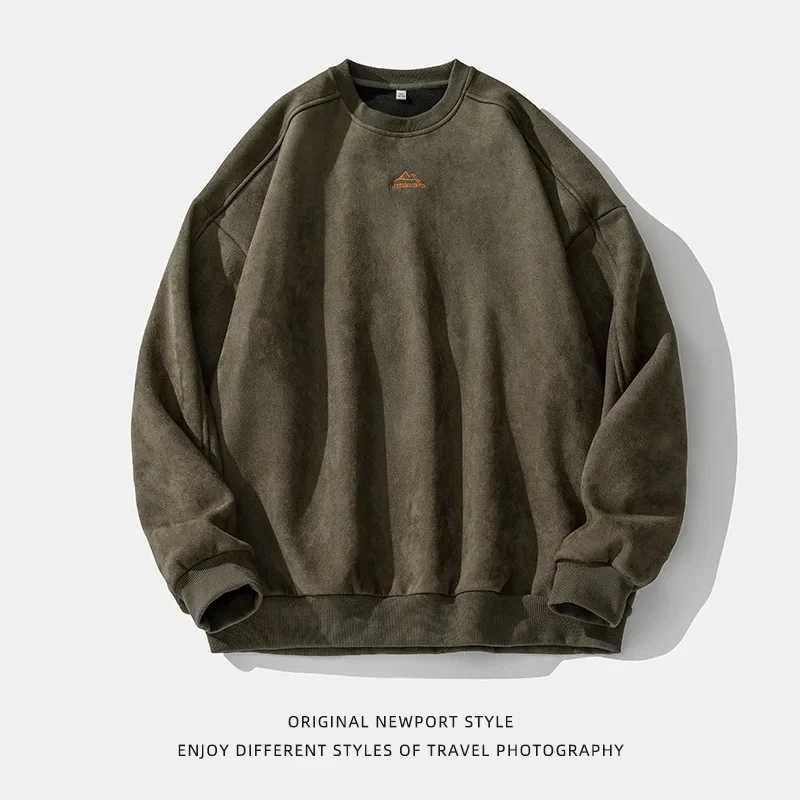 Trendy Streetwear Suede Crew Neck Sweatshirt Men Women Sweatshirt Embroidered Pattern Heavy Weight Couple Pullover Sweatshirts M250311