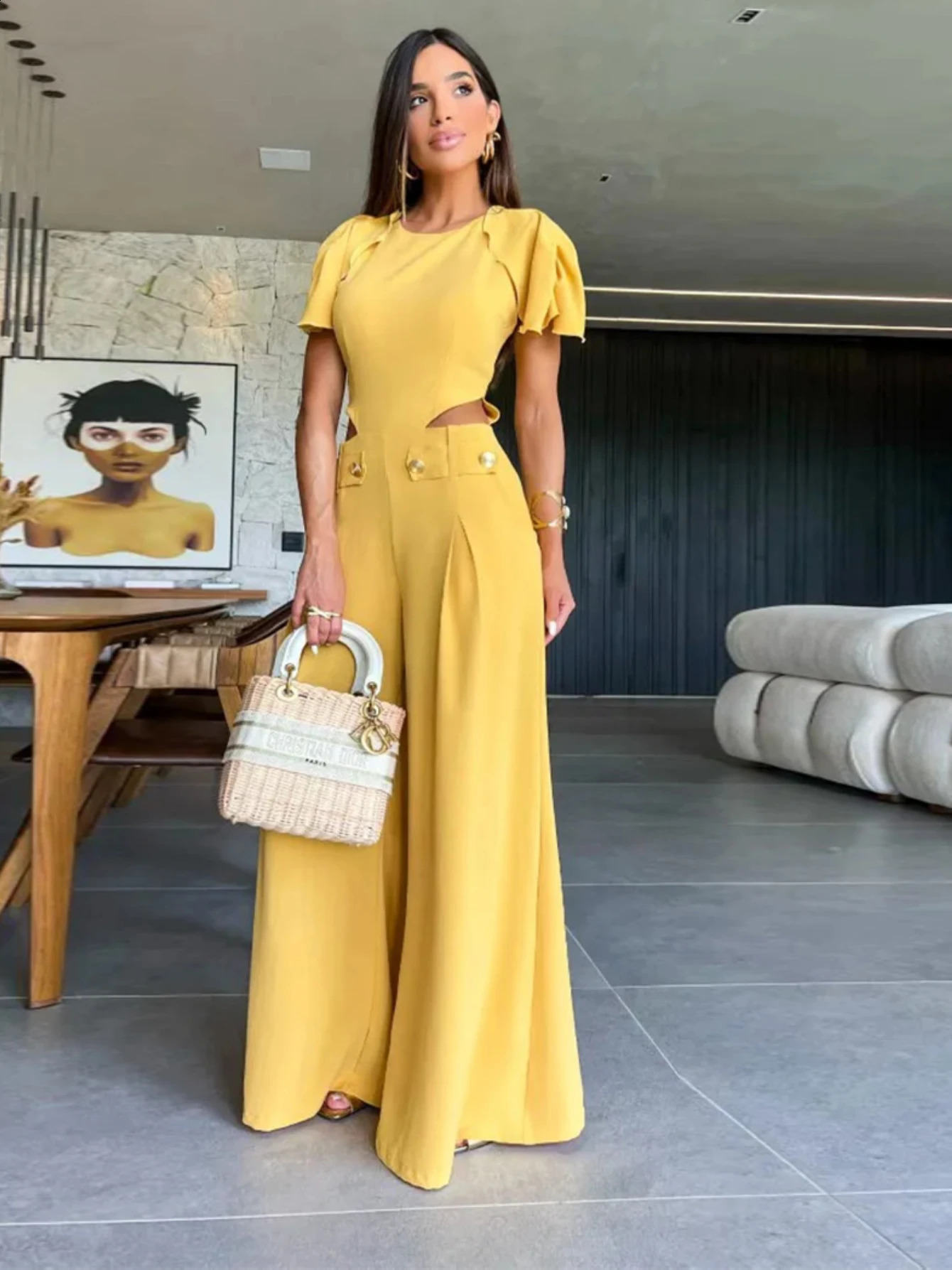 Elegant solid hole button womens jumpsuit O-neck butterfly sleeves loose pants one-piece set summer womens fashionable tight fitting clothes 241115