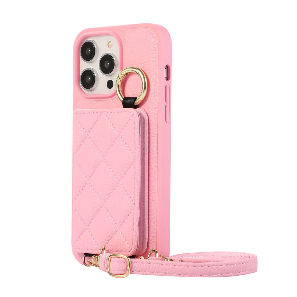 Suitable for iPhone 16 Pro phone case insert card Apple 15 Plus crossbody with mirror ring diamond grid protective cover