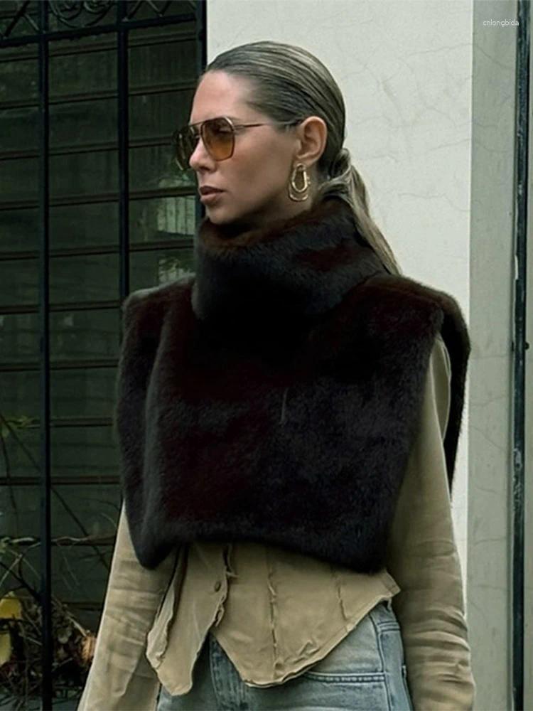 Women's Fur Vintage Turtleneck Faux Waistcoat Women Casual Solid High Neck Plush Sleeveless Coats Female Winter Chic Street Outwear