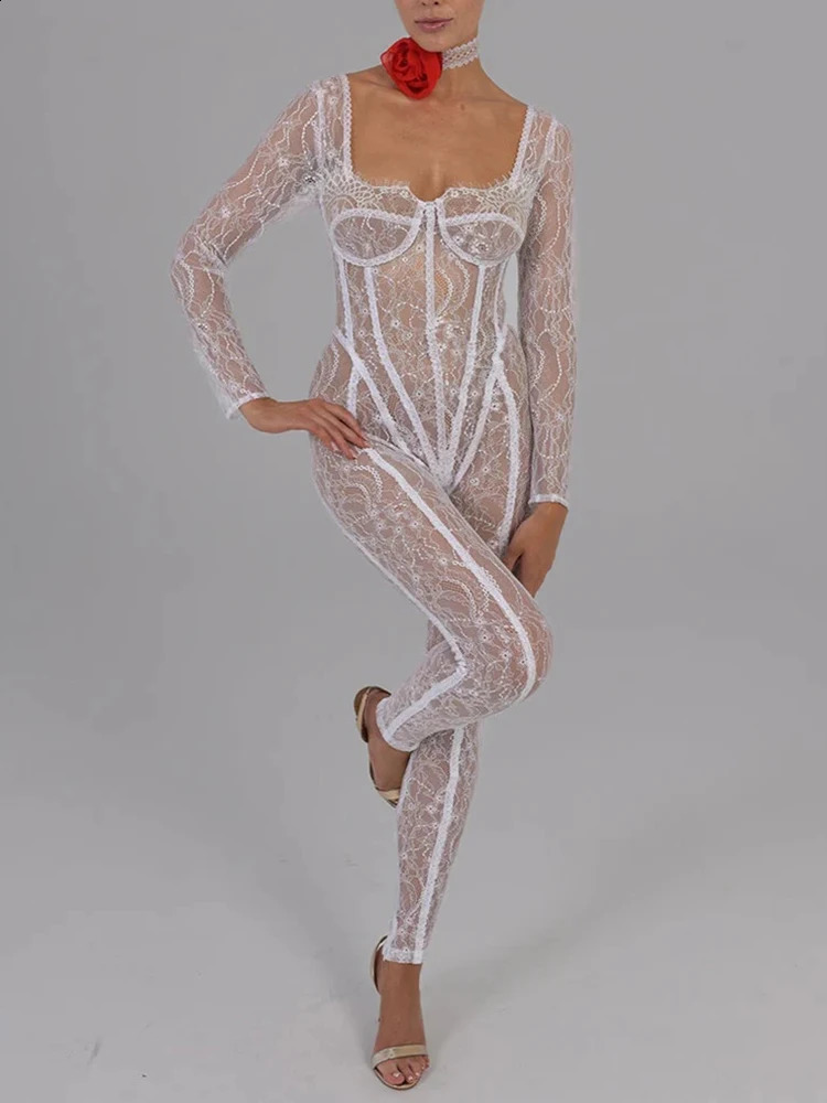 Mozision lace See Through long sleeved sexy jumpsuit square collarless tight night club party jumpsuit elegant clothing 241115