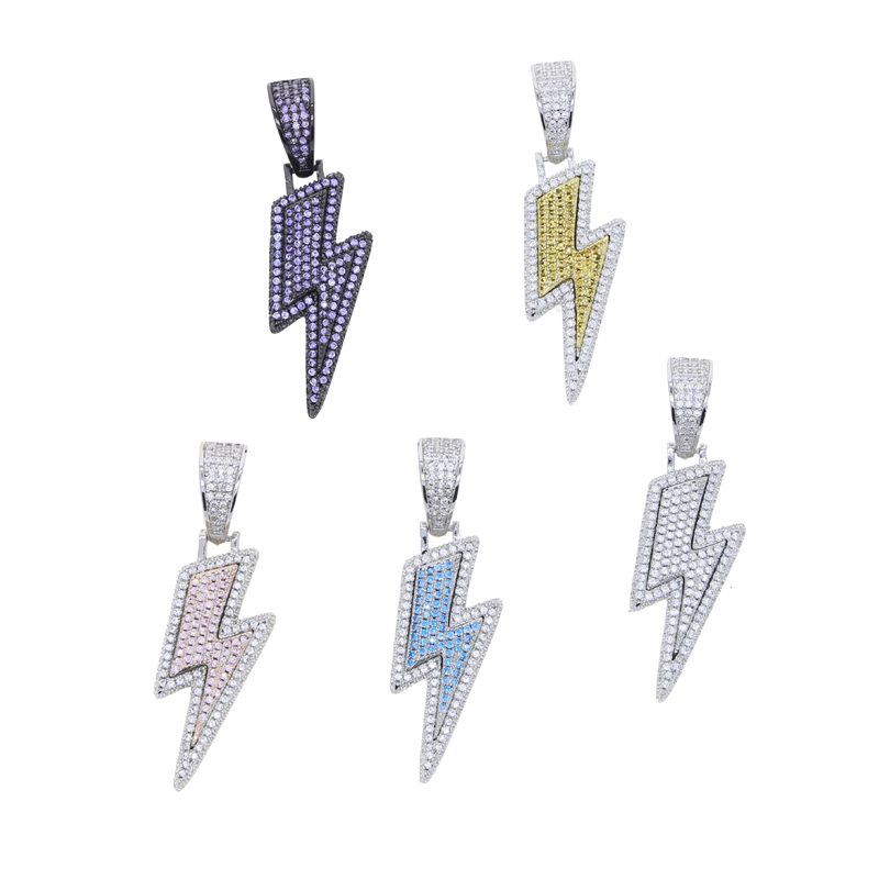 Iced-Out Lighing Pendant Necklace: Two-Tone CZ Charm for Men & Women fa71
