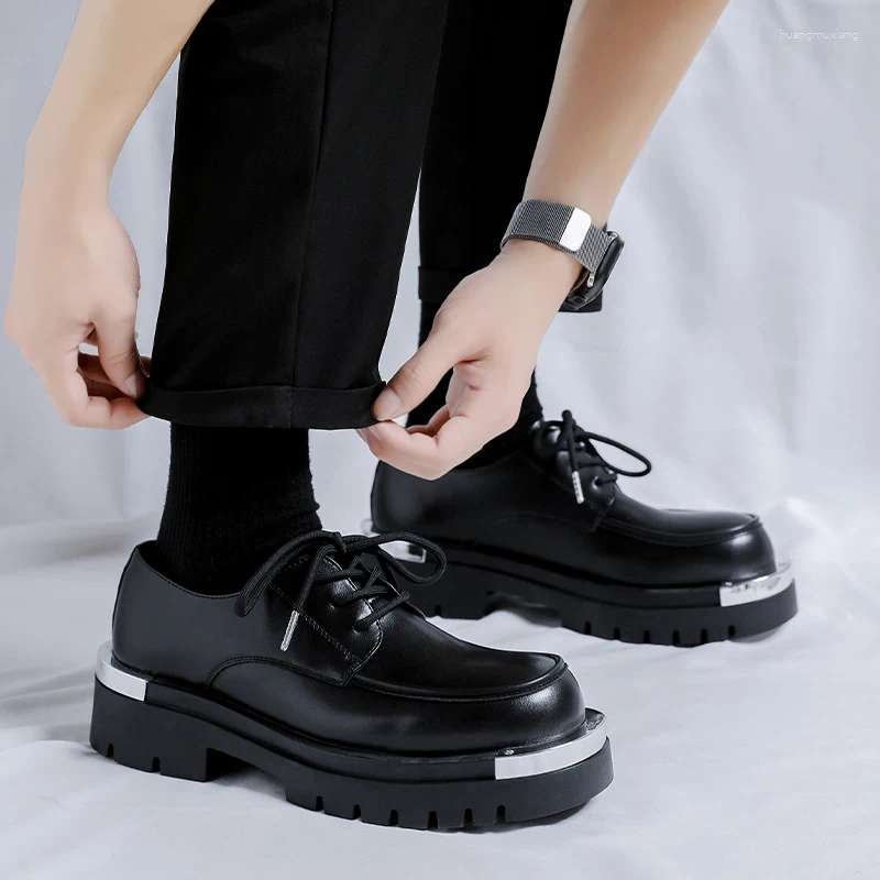 Casual Shoes Platform Man Japan Harajuku Korean Metal Fashion Black Business Wedding Leather Shoe Men Streetwear Cargo