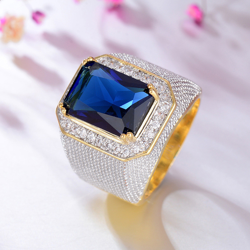 ring hip-hop gold split domineering square blue big mens ring r6378 231025