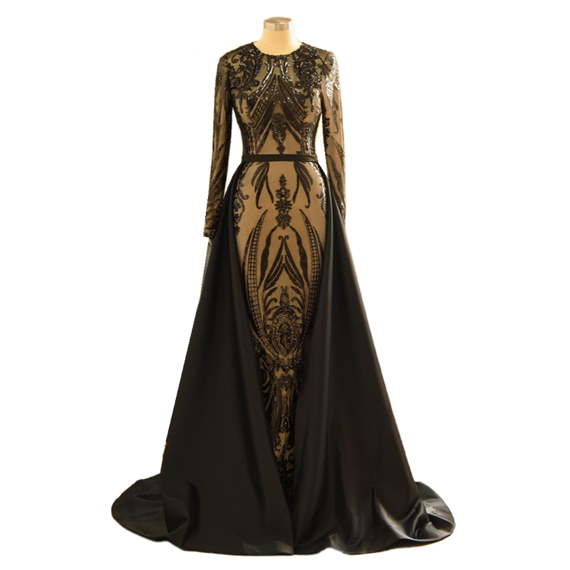 Elegant Arabic Caftan Sequined Mermaid Prom Dresses With Detachable Train 2024 Glitter Black Long Sleeves Muslim Formal Evening Gowns Jewel Neck