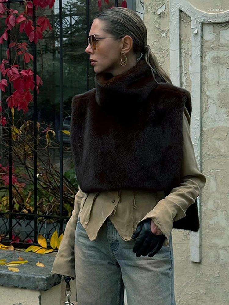 Women's Fur Vintage Turtleneck Faux Waistcoat Women Casual Solid High Neck Plush Sleeveless Coats Female Winter Chic Street Outwear