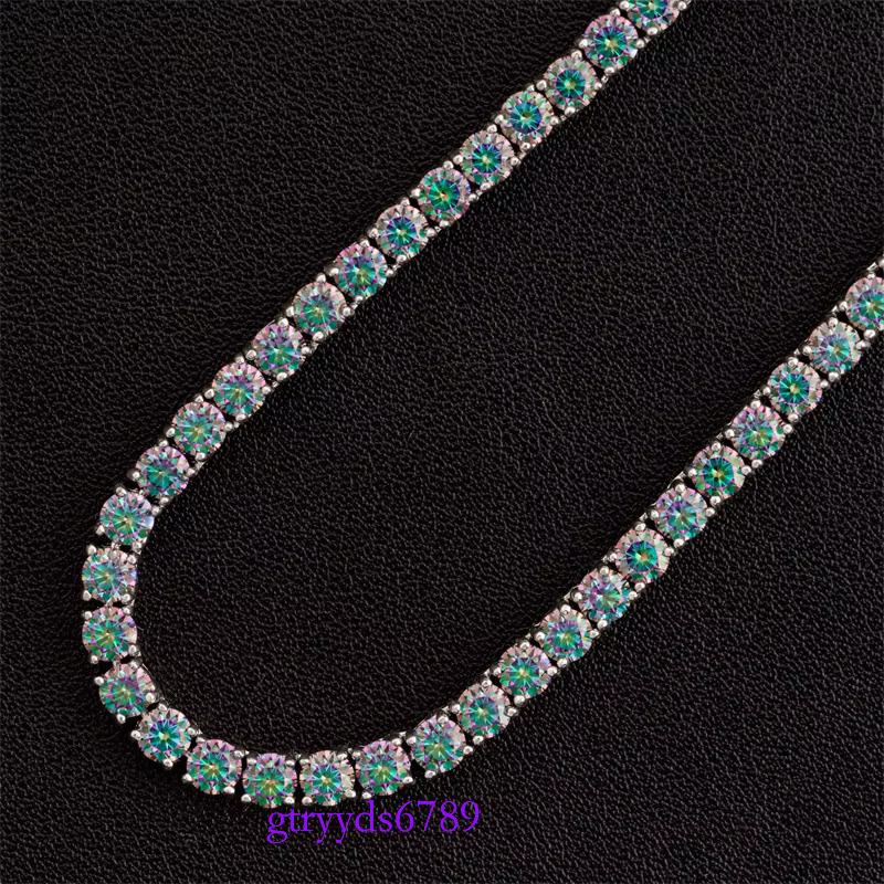 3-4mm Rainbow Blue Green Tennis Chain Women D VVS Moissanite Pass Dia Tester Hip Hop S Sier Necklace