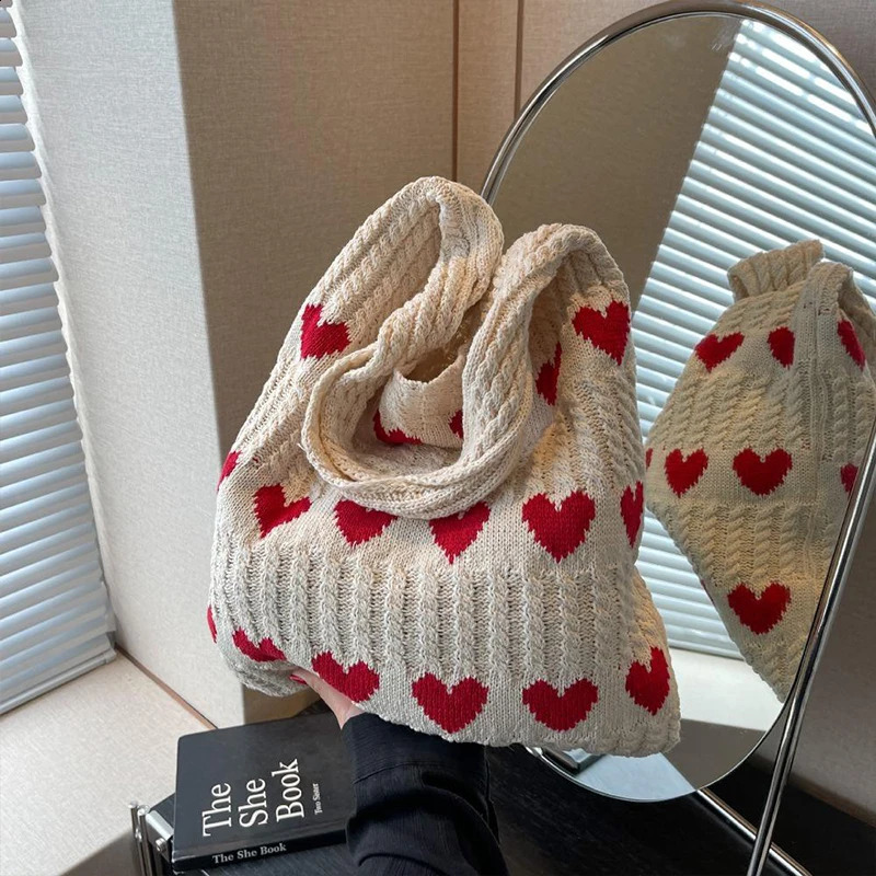 Love Wool Large Knitted Bag Shoulder Shopping for Women Vintage Cotton Cloth Girls Tote Shopper Female Handbag Crochet 241115