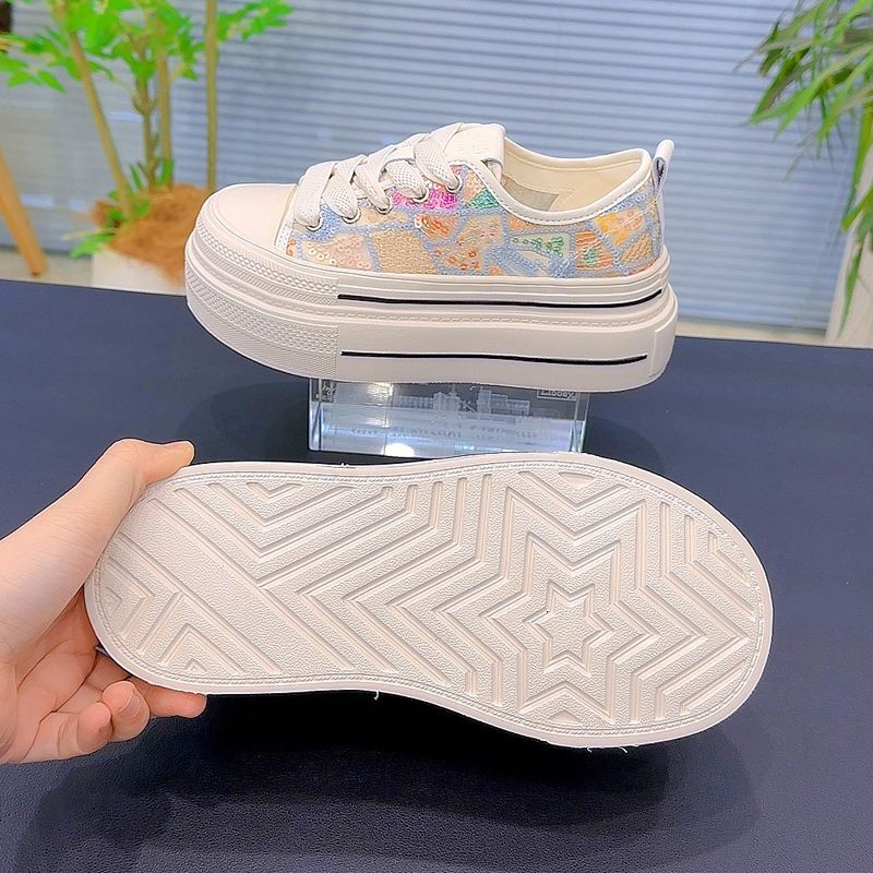 New popular breathable sequin mesh canvas, new white casual outdoor sports shoes, sponge cake thick soled designer sports shoes
