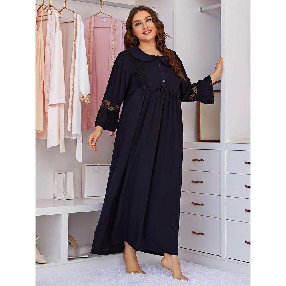 Large Size Women's Long Sleeved Lace Home Dress, Chubby Mm Pama Dress F41951