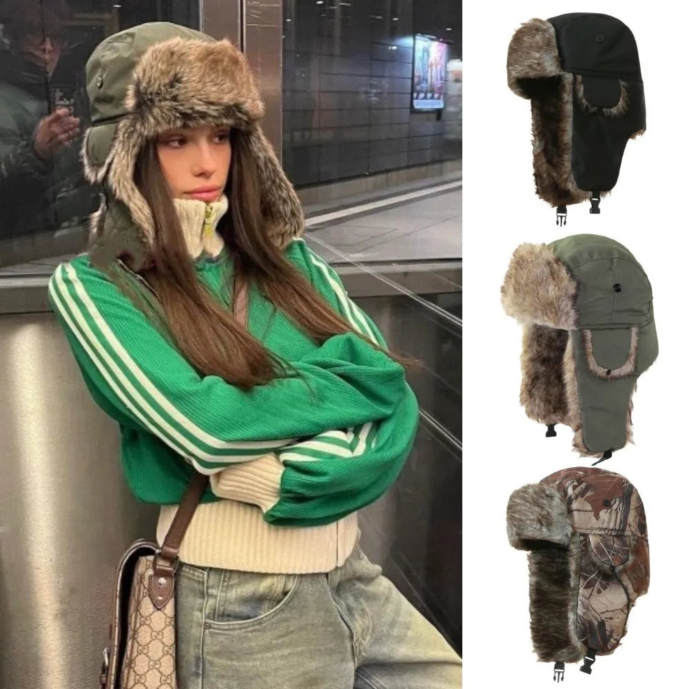 Y2K Girl Winter Fur Bomber Hats Men Russian Ushanka Hat Outdoor Skiing Hunting Trapper Earflap Cap Thicken Warm Caps 241119