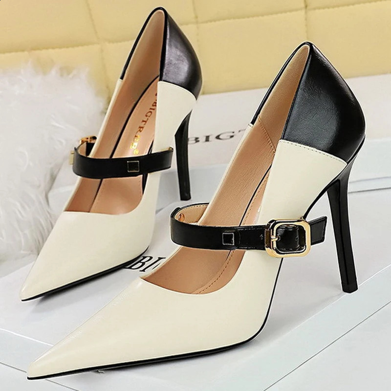 Retro Women Pumps Mixed Colors High Heels Stilettos Pu Leather Shoes Women Metal Buckle Women Heels Office Shoes Large Size 43 241118