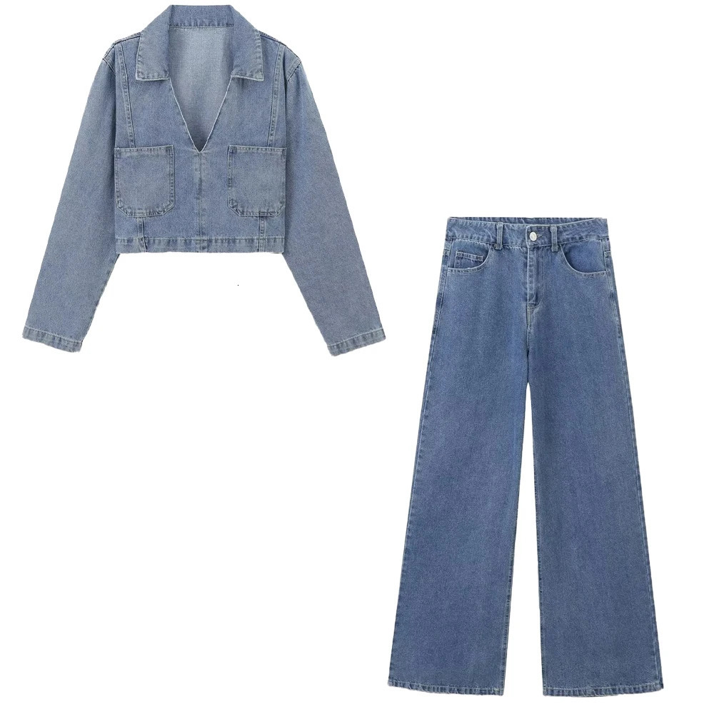 Autumn Womens Fashion Casual Collar Long Sleeve Short Denim Shirt High Waist Wide Leg Jeans Set 241118