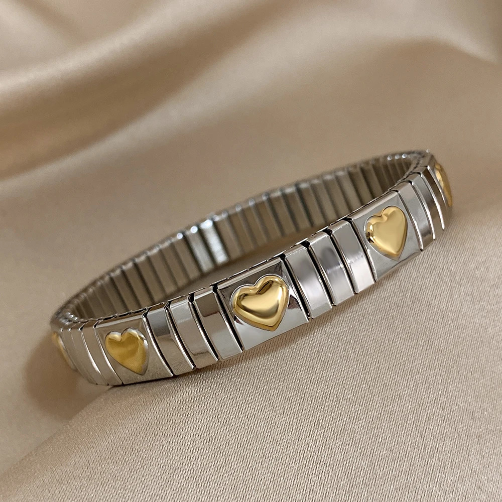 Vintage Stainless Steel Bangles Bracelet Classic Elasticity Love Heart Bangle for Women Wristband Waterproof Jewelry Gifts 240410