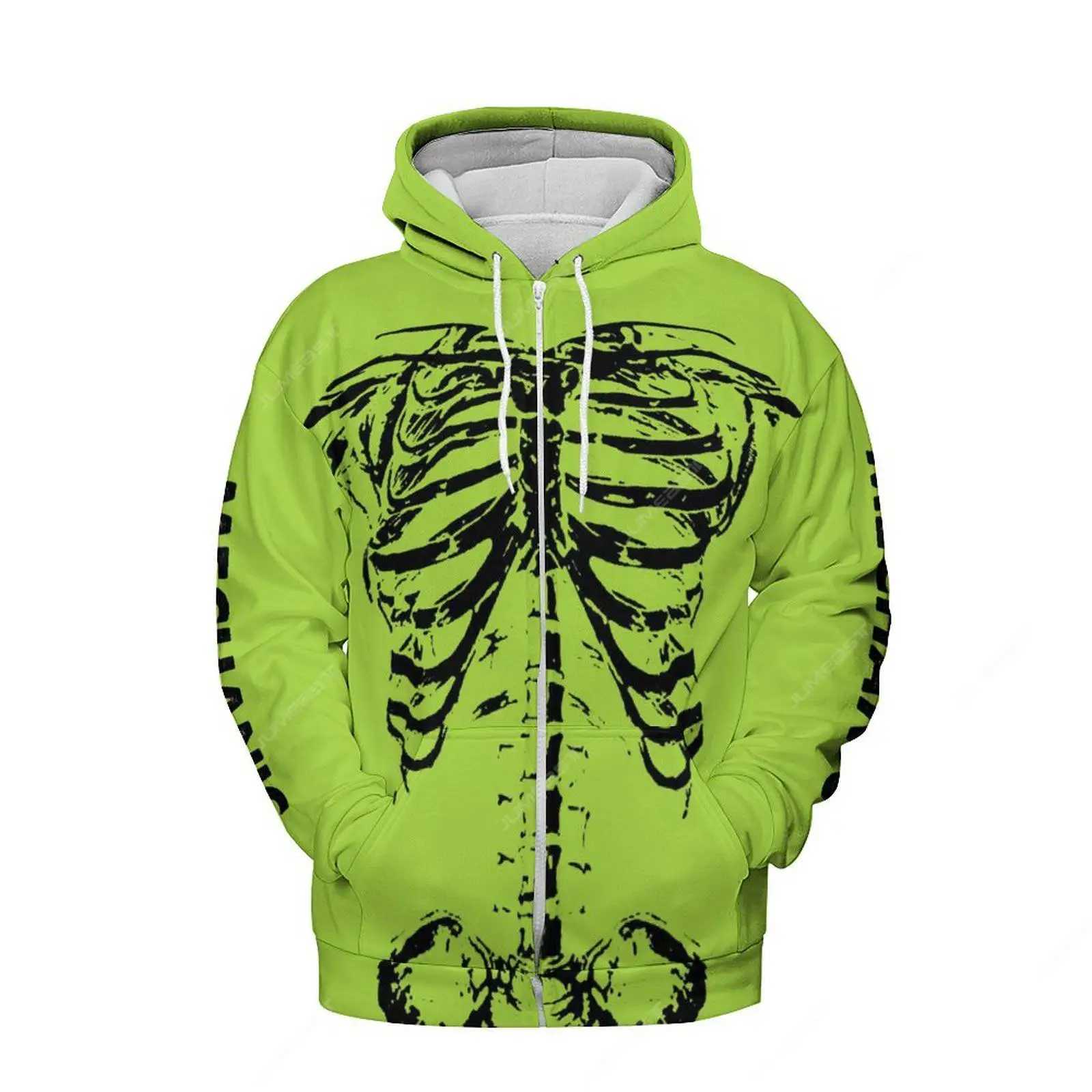 New Arrival Giant Neon Green Mechanical Skeleton Mens Zipper Hoodie Dark Academy Horror Hoodie Gothic Raincoat Z241118