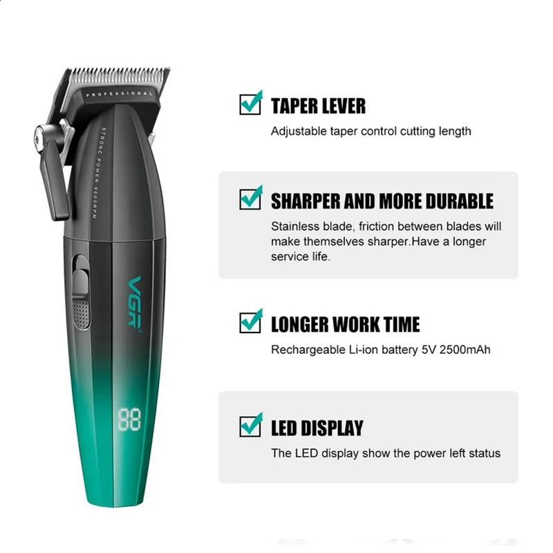 Original VGR professional mens hair clip rechargeable hair clip 9000RPM motor electric beard hair clipper 8W 241119