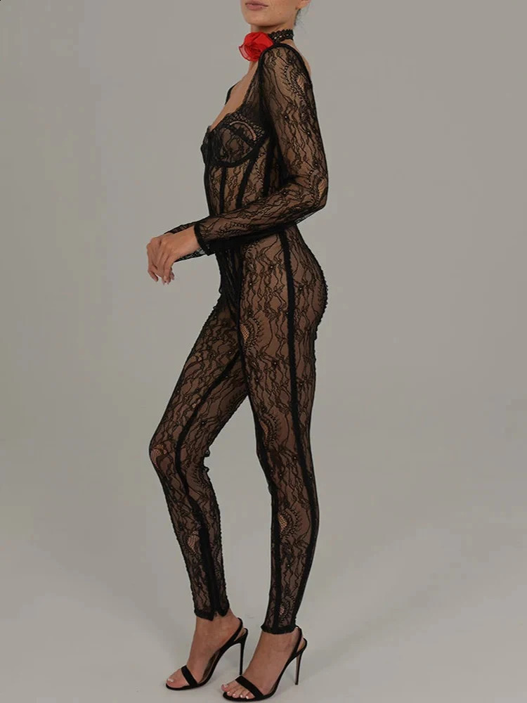 Mozision lace See Through long sleeved sexy jumpsuit square collarless tight night club party jumpsuit elegant clothing 241115
