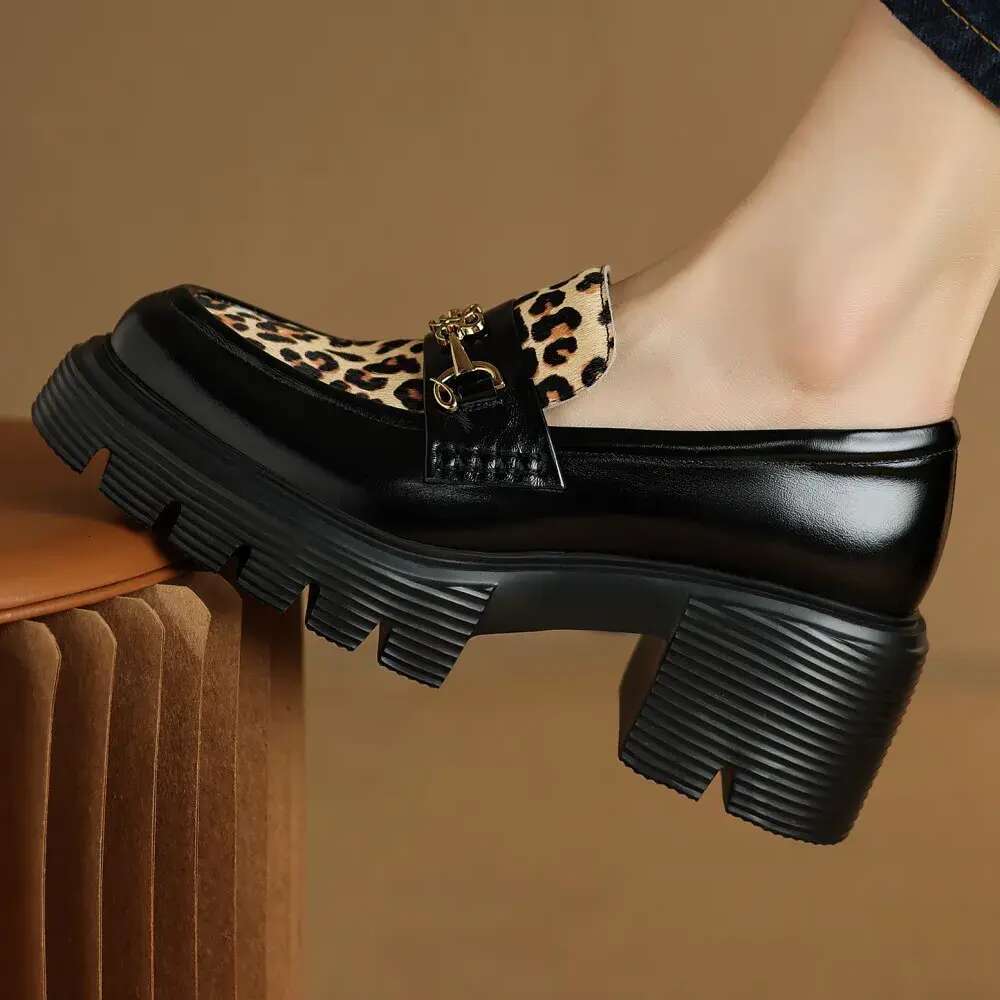 Women's sheepskin leopard horsehair patchwork slip-on loafers chunky heel platform flats moccasins metal buckle casual shoes hot 6347