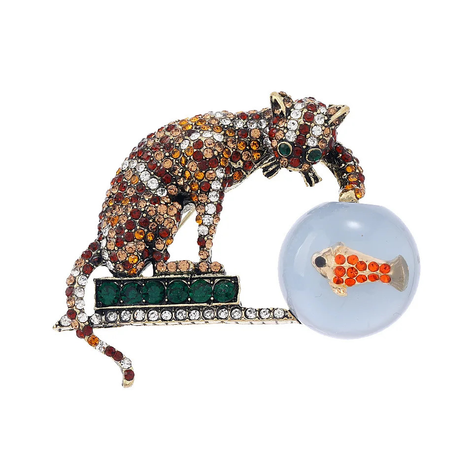 Handmade Large Size Cat Fish Brooch Vintage Chinoiserie Kitty Animal Unisex Pin Coat Suit Lapel Creative Badge 240412