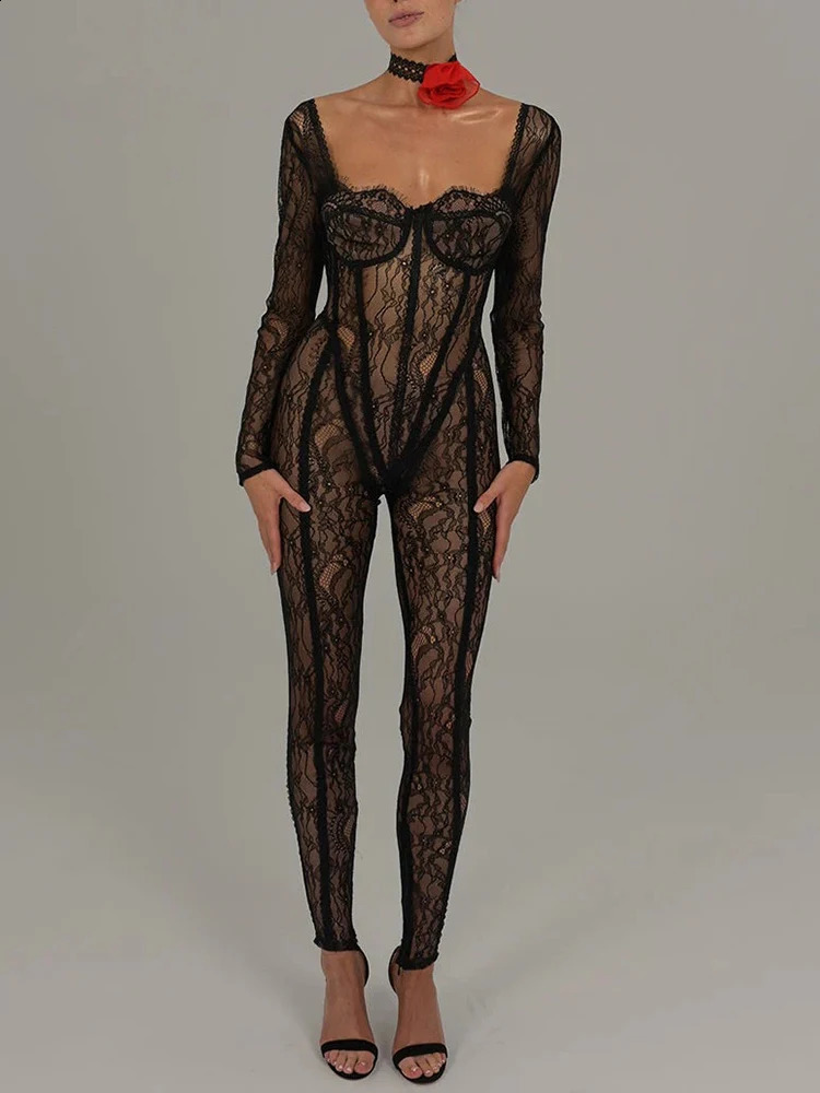 Mozision lace See Through long sleeved sexy jumpsuit square collarless tight night club party jumpsuit elegant clothing 241115