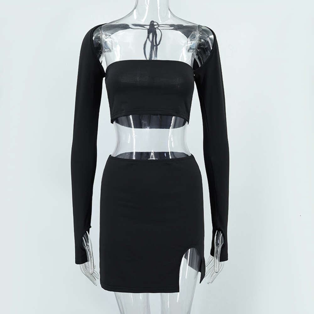2024 Autumn/winter New Wrapped Chest Long Sleeve Lace Up T-shirt Top Split Half Skirt Set for Women F41927