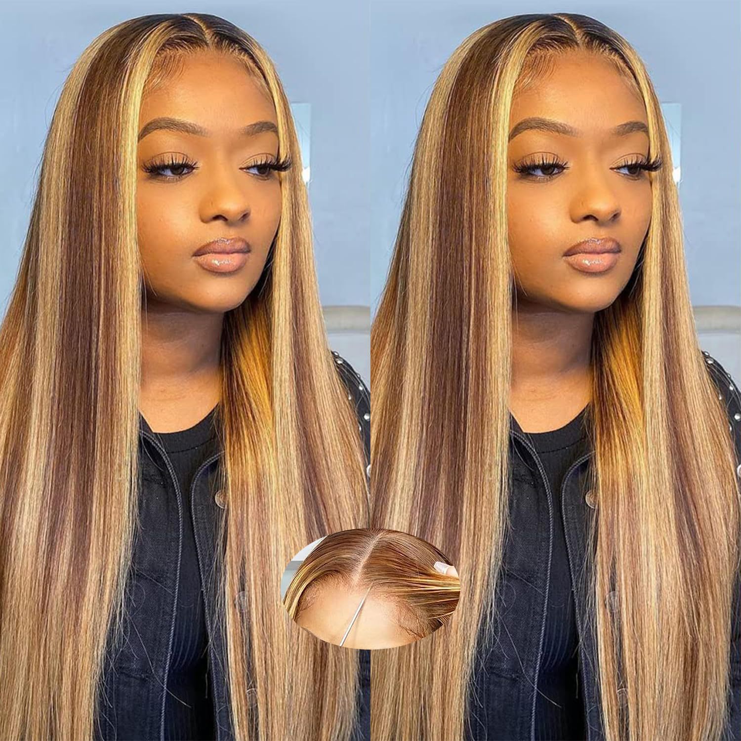 36 Inch Ombre Blonde Straight Hair Look Like Human Hair Wigs Highlight Brazilian Glueless Body Wave Lace Front Wigs Synthetic Wig With Baby Hair For W