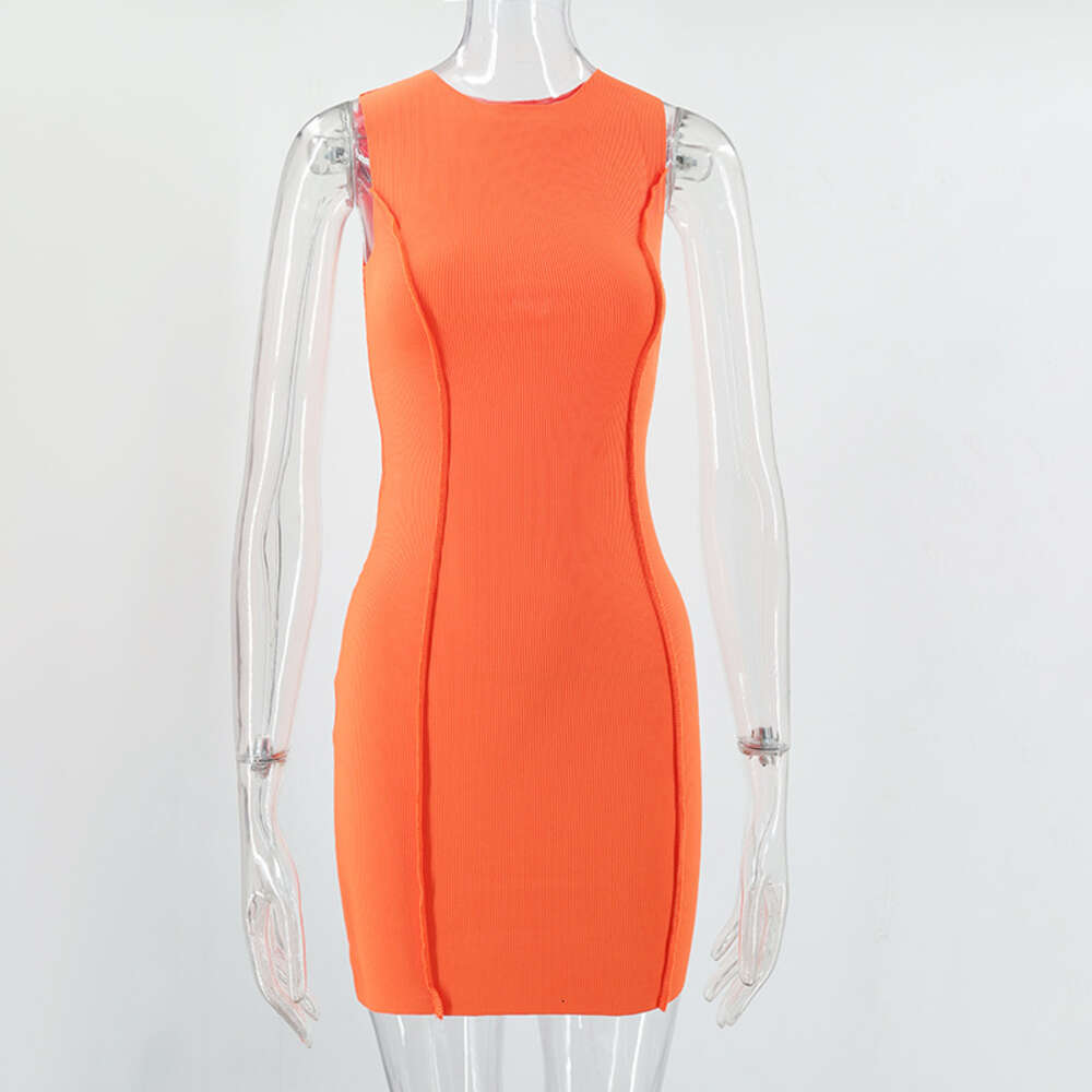 2024I Summer New INS Women's Round Neck Sleeveless Solid Color Fashion Slim Fit Wrap Hip Dress F41915
