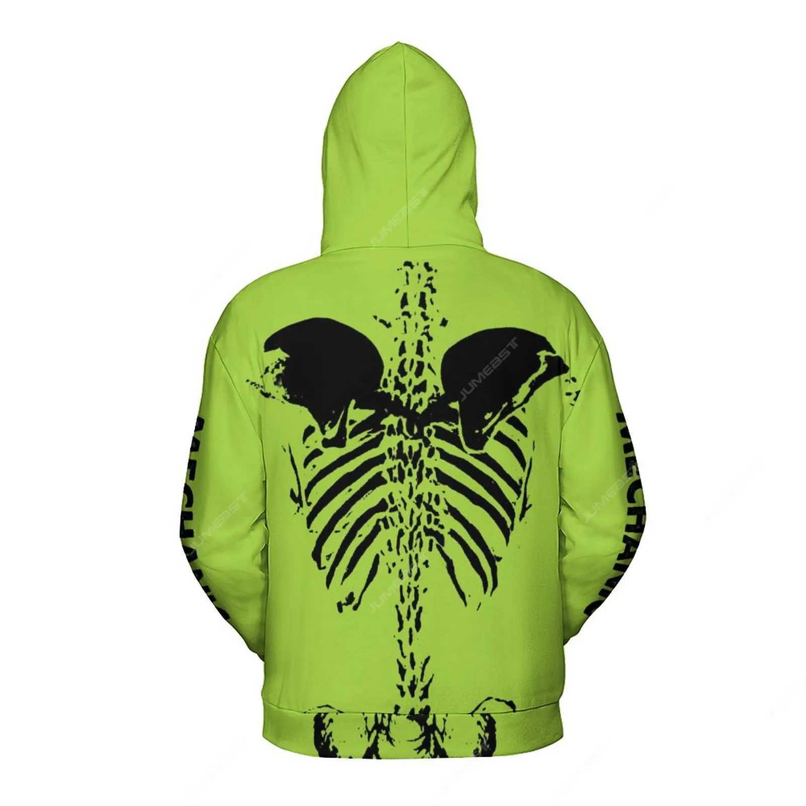 New Arrival Giant Neon Green Mechanical Skeleton Mens Zipper Hoodie Dark Academy Horror Hoodie Gothic Raincoat Z241118