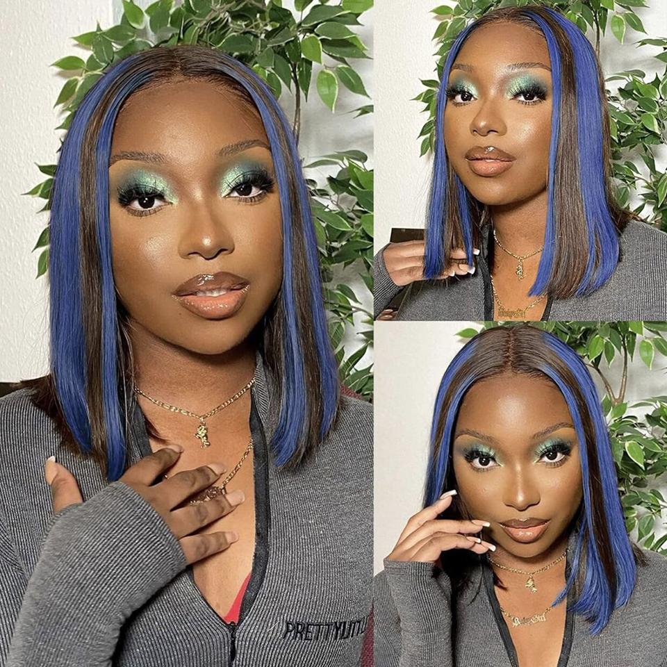 1B Blue Highlight Straight Bob Wig 13x4 Lace Frontal Human Hair Bob Wigs Ombre Straight Short Lace Front Bob Wig