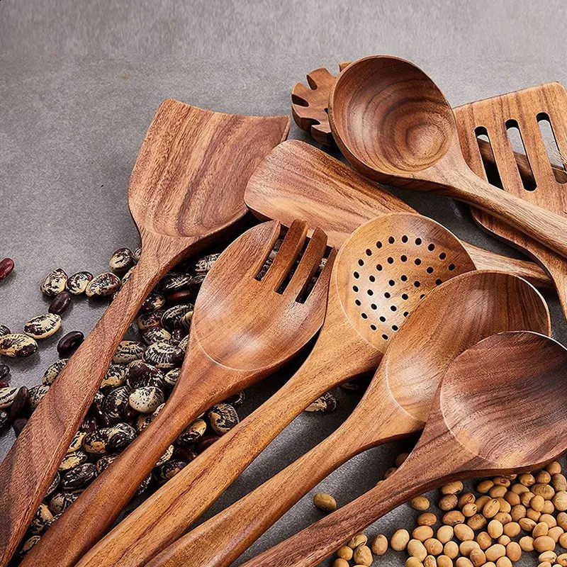 Wooden kitchen utensil set 9 wooden cooking spoons wooden cooking utensils wooden non stick pot spoons 241118