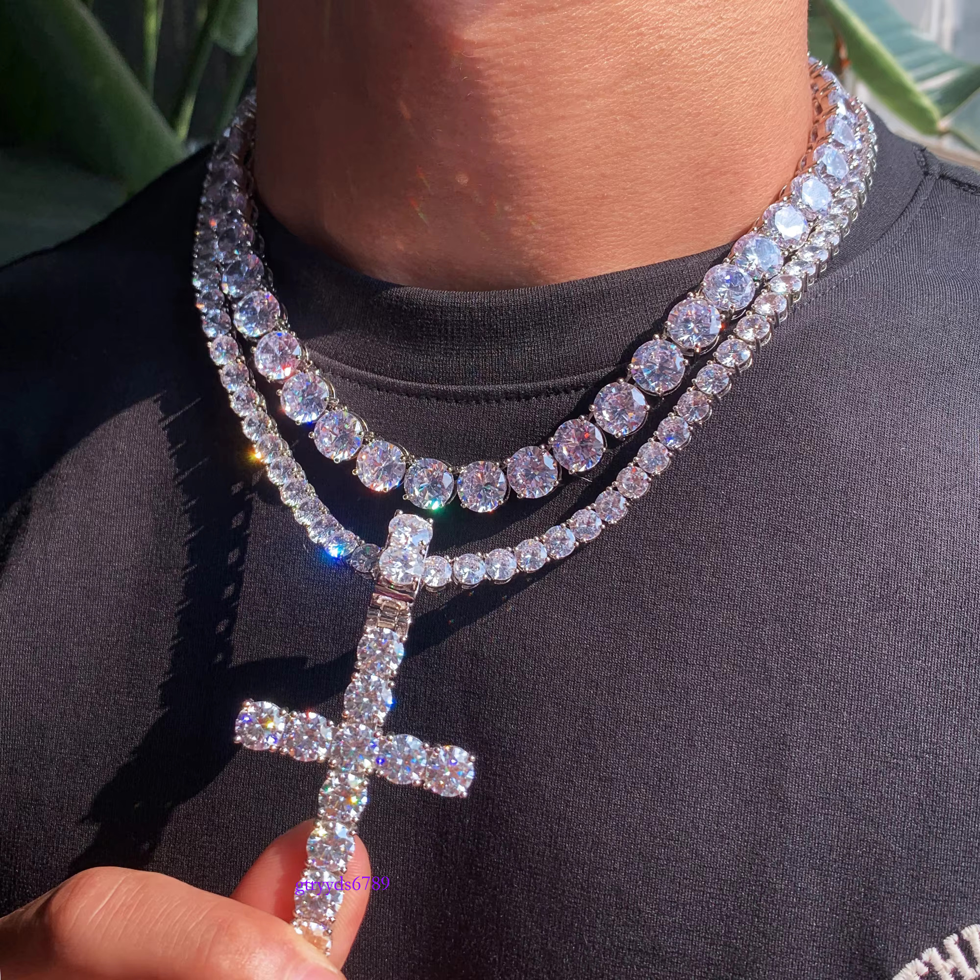 6/8mm sterg sier tennis big cross necklace moissanite pendants and chain for men