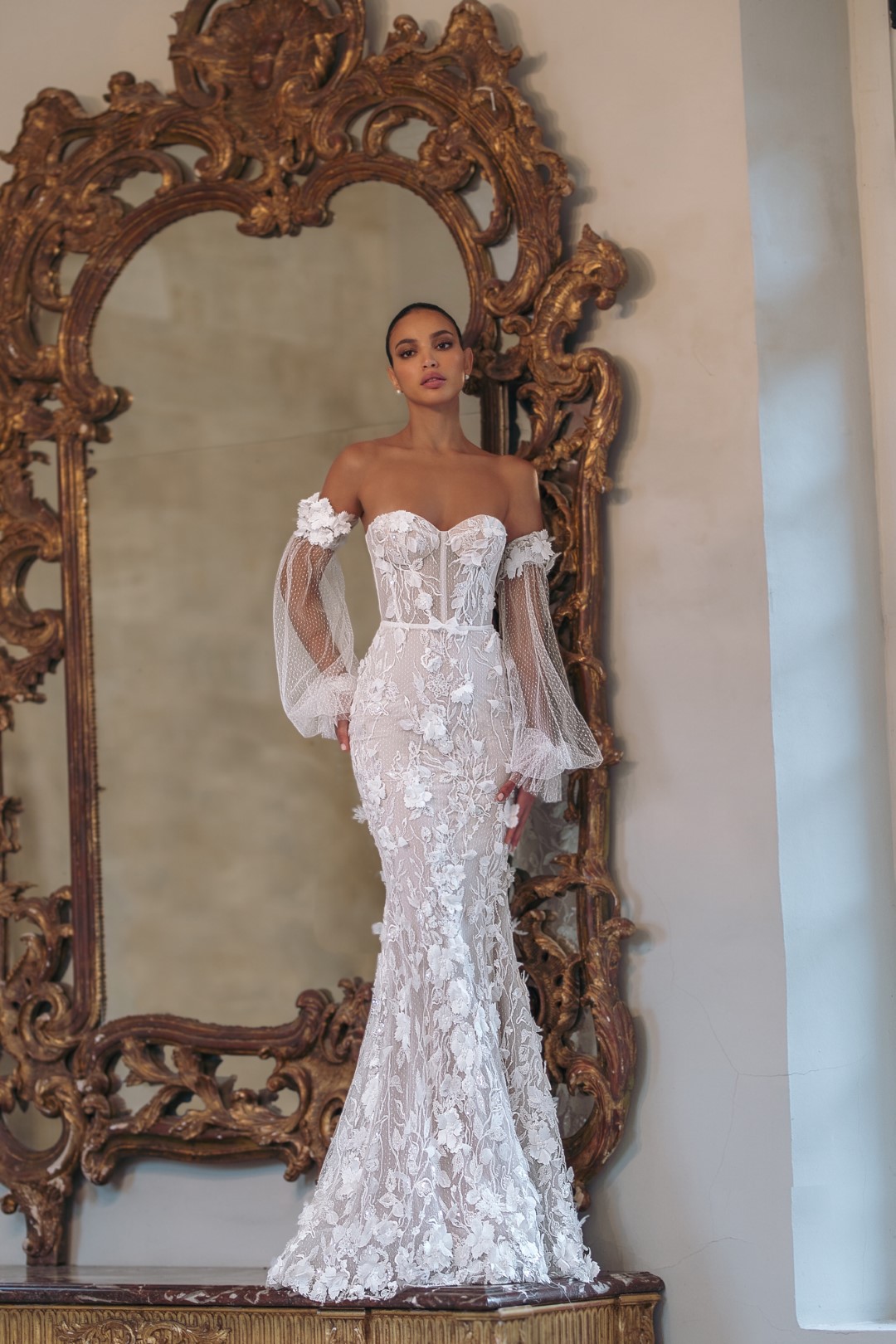 Beautiful Beading 3D Flowers Off Shoulder Full Puff Sleeves Sweetheart Mermaid Wedding Dress Beading Appliques Lace Decathable Train 2 In 1 Trumpet Br