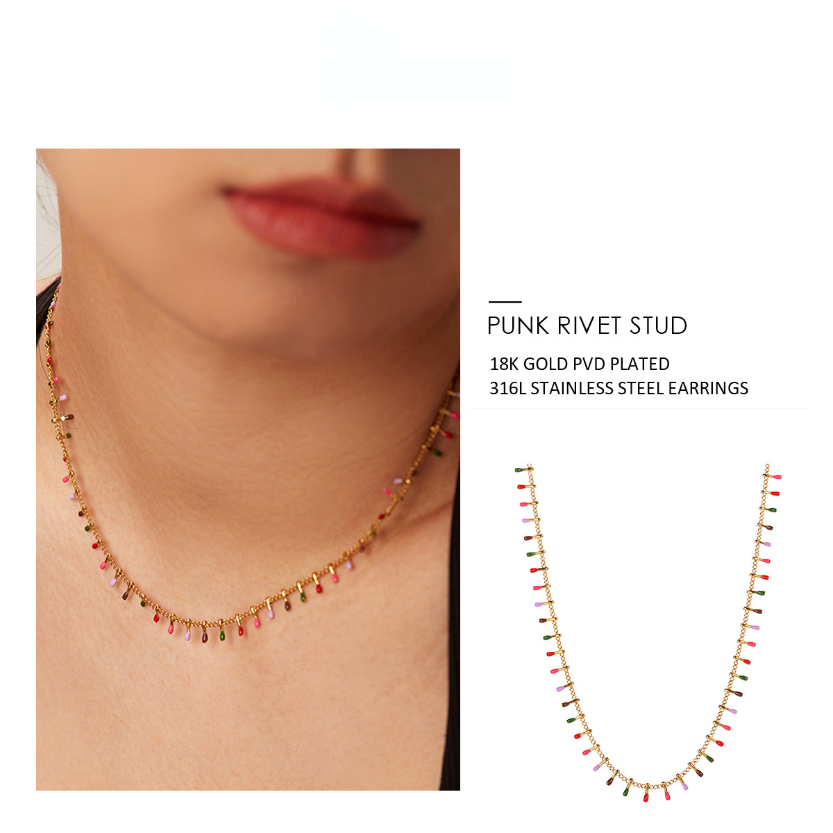 French Minimalist and Personalized Colored Drip Oil Tassel Neckchain for Women 18k Gold Titanium Steel Color Resistant Trend Banquet Party Wedding Jew
