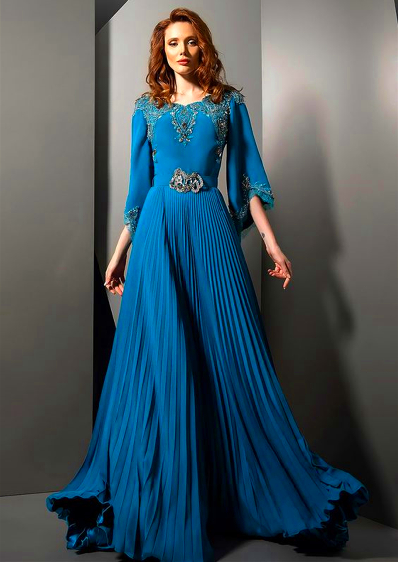 Elegant Pleats A Line Long Mother Of The Bride Dresses Lace Appliques Crew Neck Half Sleeves Blue Wedding Guest Dress Empire Waist Groom Mom Formal We