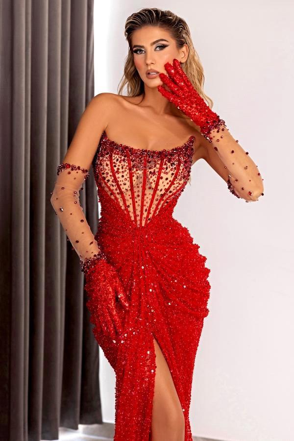 Red Elegant Prom Woman 2024 Sexy Sequins Beads Crystals Dias Evening Dresses For Special Ocns With Gloves bc19769