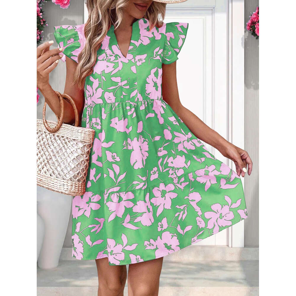 Women's 2024 Spring/summer New Lotus Leaf Sleeves V-neck Loose Waist Printed Dress F41933