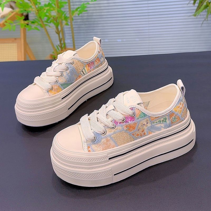 New popular breathable sequin mesh canvas, new white casual outdoor sports shoes, sponge cake thick soled designer sports shoes
