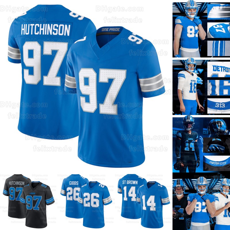 Aidan Hutchinson Jahmyr Gibbs Lions 2024 Playoffs Patch Football Jersey Hendon Hooker Barry Sanders Jameson Williams Amon-Ra St Brown Brian Branch Malcolm Campbell