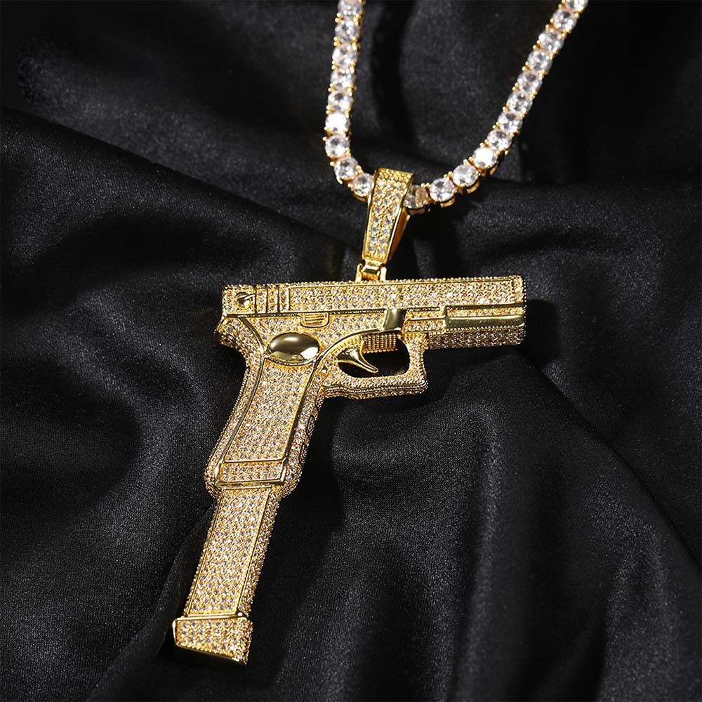 Hip Hop Punk Vintage Hand Gun Pendant Necklace 5A Zircon 18k Real Gold Plated Street Rap Jewelry