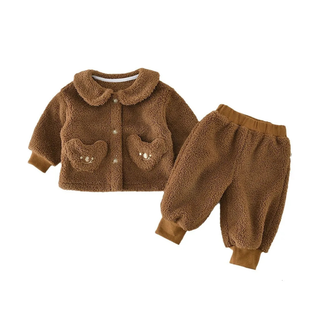 Autumn and Winter Baby Girls 2PCS Family Clothing Wool Cartoon Warm Thick Coat Solid Velvet Pants Set Preschool Girls Sleepwear 241118