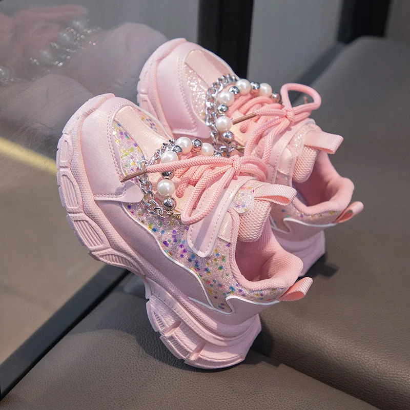 Kids Sneakers Girls Spring Fashion Shiny with Pearl Running Sport Shoes Children Nonslip Trainers Student Casual 241118